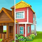 未完成の木製の家と完成した赤い二階建ての家が並んで表示されている。
