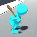 青いキャラクターがバットを持って地面に立っている様子。