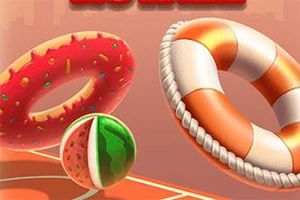 赤いドーナツと赤白のボーダー模様の浮き輪、そしてスイカ模様のボールが描かれたイラスト。