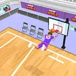 紫色のユニフォームを着たプレイヤーがバスケットボールコートでダンクシュートをしている。