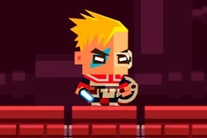 金髪のキャラクターが赤い服を着て、青いライトセーバーを持っている。