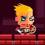 金髪のキャラクターが赤い服を着て、青いライトセーバーを持っている。