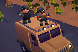 車の屋根の上に立って銃を構える2人のキャラクターと、追いかける複数のゾンビ。