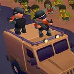 車の屋根の上に立って銃を構える2人のキャラクターと、追いかける複数のゾンビ。
