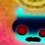 カラフルな背景の前に、赤い目と青い輪郭を持つ抽象的な生物のイラスト。