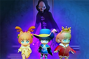 3人のキャラクターが暗い背景の前で並んで歩いており、後ろにフードをかぶった不気味な姿の影。