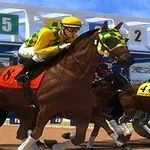 競馬場で色とりどりのユニフォームを着た騎手たちが馬に乗ってレースをする様子。