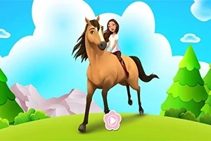 少女が青空の下で馬に乗っているアニメーションのシーン。