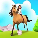 少女が青空の下で馬に乗っているアニメーションのシーン。