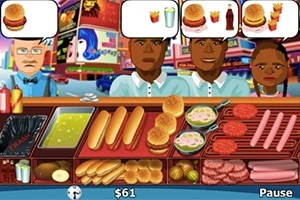 ハンバーガーやホットドッグの食材が並ぶ屋台のカウンターの前に、食事を注文しようとしている4人の人物。