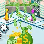色とりどりのコマがボード上を移動し、サイコロと紙幣、コインが周囲に描かれた都市のイラスト。