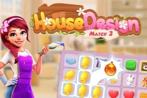 赤い髪の女性が紫色のエプロンを着ていて、脇にマッチ3パズルのボードがある。