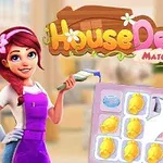 赤い髪の女性が紫色のエプロンを着ていて、脇にマッチ3パズルのボードがある。