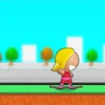 金髪のキャラクターがスケートボードに乗り、街並みを背景に芝生の上で進んでいる。