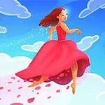 赤いドレスを着た女性が空を舞うファンタジックなイラスト。