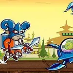 青い鎧を着たキャラクターが、大きな青いサソリ型のメカと対峙している。