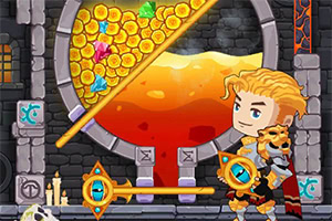 金髪のキャラクターが大釜と大量の金貨の前に立っている。