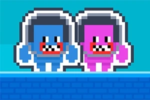 青とピンクのピクセルアートキャラクターが並んで立っている。