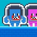 青とピンクのピクセルアートキャラクターが並んで立っている。