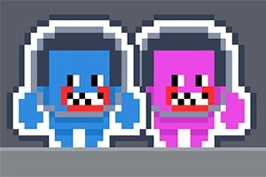 青とピンクのピクセルアートの人物が並んでいるイラスト。