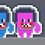 青とピンクのピクセルアートの人物が並んでいるイラスト。