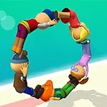 6人のキャラクターが円を作るように体を連結させているシーン。