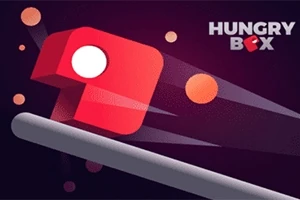 赤いキューブが速く移動し、背景にオレンジ色の円が浮かび、「HUNGRY BOX」という文字が右上に表示されています。