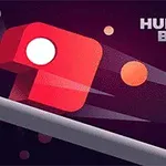 赤いキューブが速く移動し、背景にオレンジ色の円が浮かび、「HUNGRY BOX」という文字が右上に表示されています。