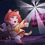 猫の耳をつけたキャラクターが明るい部屋で驚いた表情で逃げながら、後ろには逆さの長髪の影のような存在がいる。