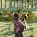 赤いチェック柄のシャツを着たシカが銃を持って森の中に立っている。
