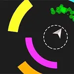 黒い背景にカラフルな円と矢印があり、緑色の粒子が飛び散っている。