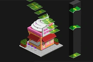 アイスクリームを模したピンクの小さな店舗と、その上を飛んでいる複数の緑色の紙幣が描かれたイラスト。