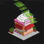 アイスクリームを模したピンクの小さな店舗と、その上を飛んでいる複数の緑色の紙幣が描かれたイラスト。