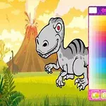 恐竜のキャラクターがカラフルな編集メニューと一緒に描かれ、背景には火山と草原が広がっているイラスト。