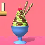 青いカップに盛られたチョコレートと抹茶のアイスクリーム、チェリーと2本のウェハーススティックが載っており、背景に色とりどりのブロックが配置されています。