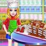 女性シェフがイチゴを添えたキャラメルソースのかかったケーキを見せている。