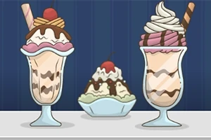 3つのアイスクリームパフェがテーブルに並んでおり、中央にチェリーがトッピングされたデザートがある。