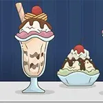 3つのアイスクリームパフェがテーブルに並んでおり、中央にチェリーがトッピングされたデザートがある。