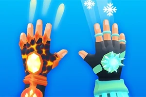 青い背景に、炎の模様がある赤い手袋をした左手と、氷の結晶がある青い手袋をした右手。