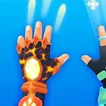 青い背景に、炎の模様がある赤い手袋をした左手と、氷の結晶がある青い手袋をした右手。