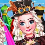 2人のキャラクターが笑顔で立ち、背後にカラフルなドレスが並んでいる。
