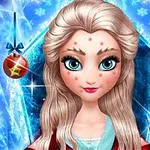 金髪で青い瞳のキャラクターが氷の背景を背にしており、赤い服を着ていて、周囲にはいくつかのクリスマスオーナメントが飾られています。