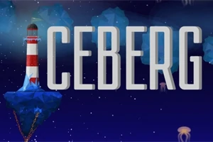 赤と白の灯台が浮かぶ氷に立ち、大きな「ICEBERG」という文字が暗い背景に重なっている。