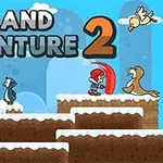 雪が積もったステージでピンクの帽子の女の子と赤い帽子の男の子がペンギンやアザラシ、鳥と対峙している様子。