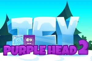 青い背景に、氷でできた大きな文字の前に紫色のキャラクターとテキスト「PURPLE HEAD 2」が表示されている。