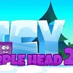 青い背景に、氷でできた大きな文字の前に紫色のキャラクターとテキスト「PURPLE HEAD 2」が表示されている。