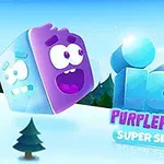 紫色の顔をしたキャラクターが雪の中を楽しそうに滑っているイラスト。
