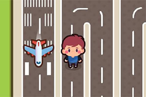 滑走路の横に立つキャラクターと小型飛行機が描かれたイラスト。