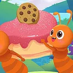 2匹のアリが、チョコチップクッキーが乗ったピンクのアイシングがかかった大きなドーナツに近づいているイラスト。