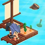 青い髪のキャラクターが小さな木の筏で海を漂っている。